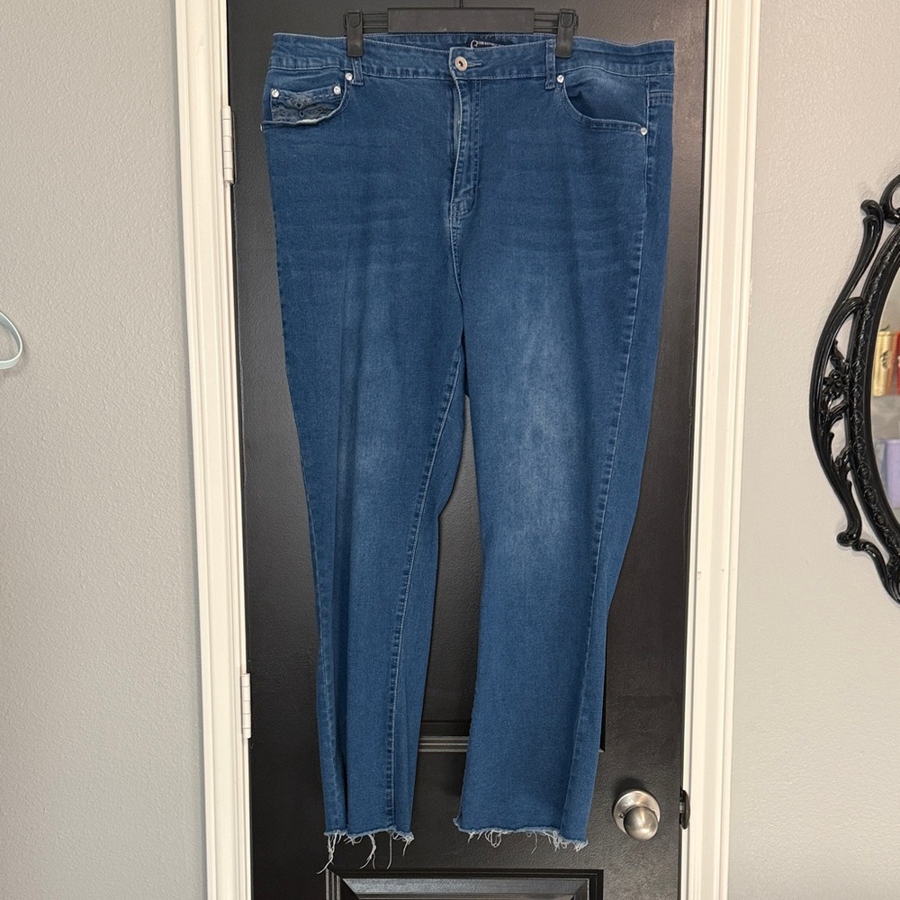 Dark Blue Stretch Jeans - Classic Straight Leg raw hem